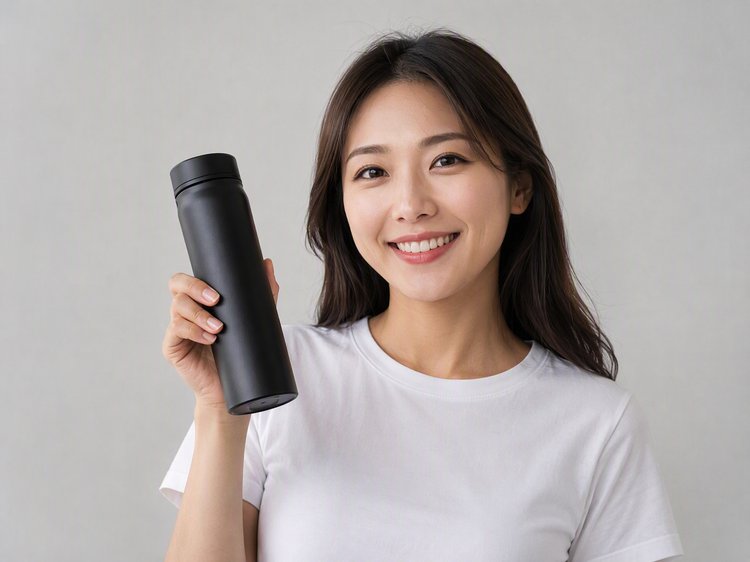 AI生成的模特手持保温杯产品图示例