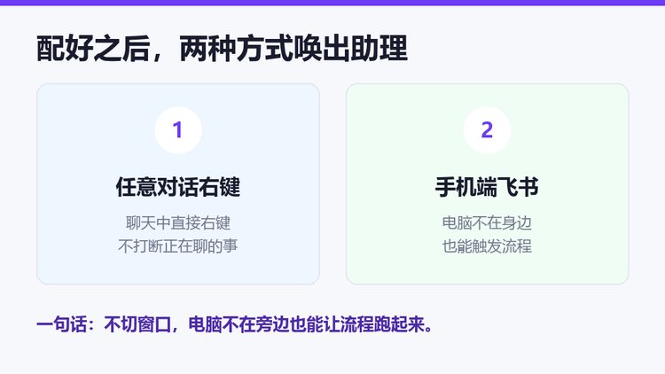 影刀RPA智能助理飞书两种唤出方式：任意对话右键、手机端飞书