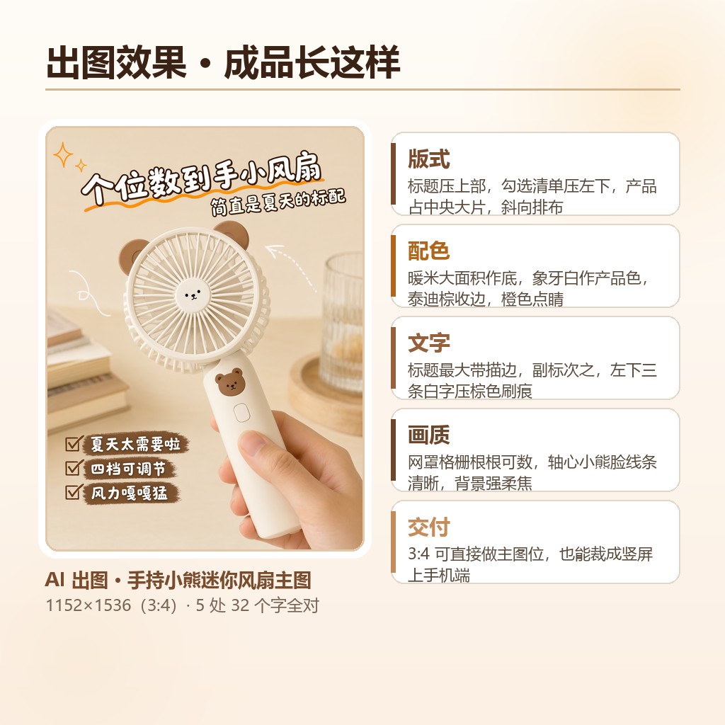 手持小熊迷你风扇主图出图效果